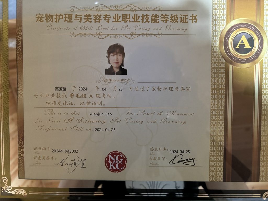 高源骏老师名将宠物护理与美容剪毛组A级证书，2024年4月